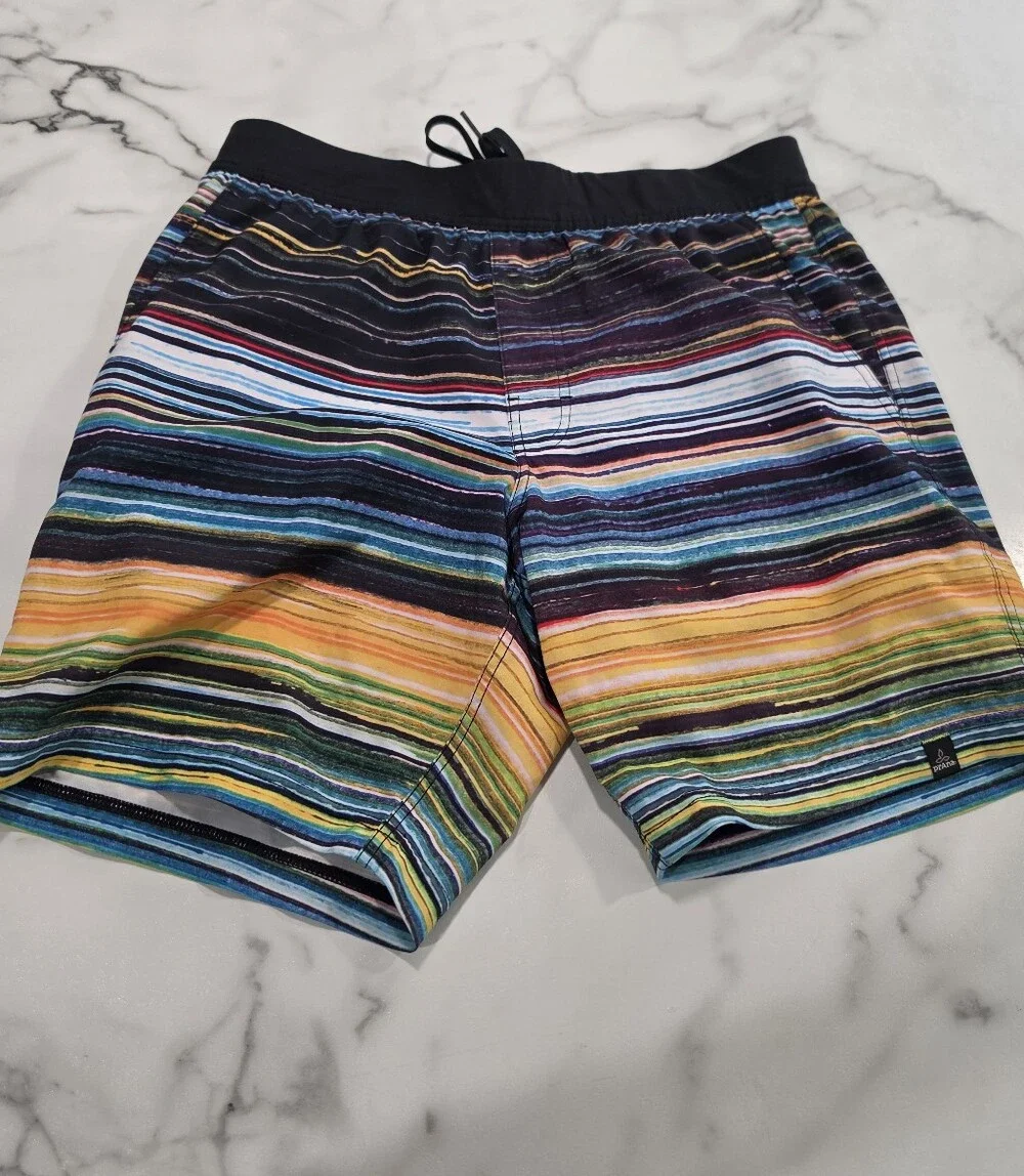 prAna Overhold Active Shorts Jetstream Striped Print Athletic Hiking Running Lik